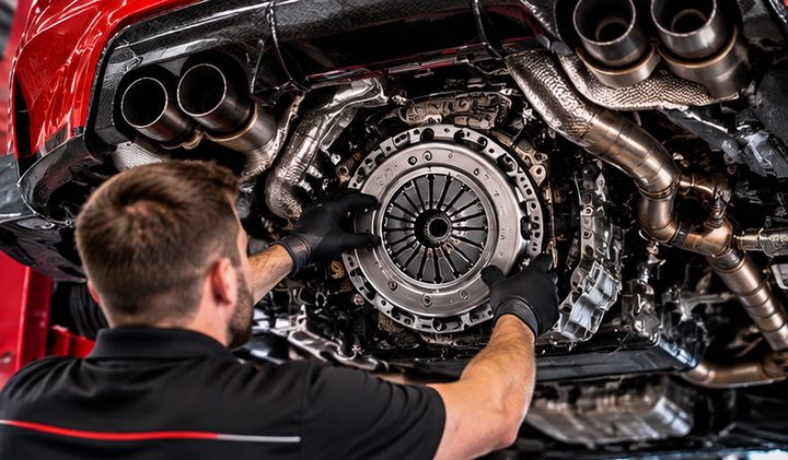 A technician working under a car