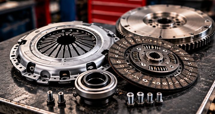 A clutch kit with pressure plate, driven plate, release bearing and flywheel