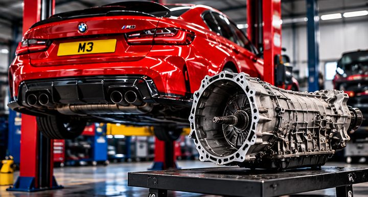 A gearbox on a stand beside a raised car