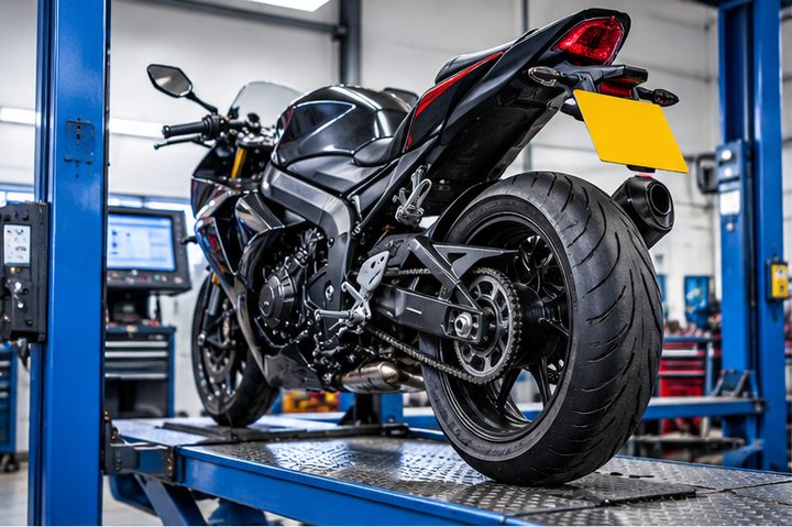 A motorcycle on a ramp in a test bay