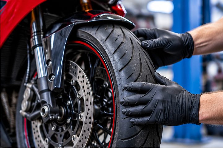 A technician checking a motorcycle front tyre and brake disc