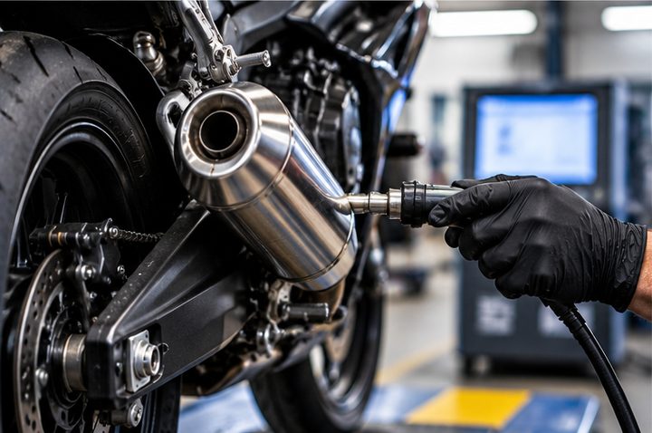 A technician checking a motorcycle exhaust