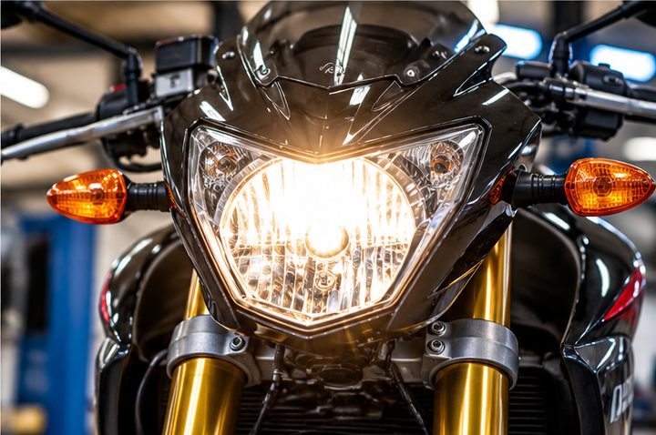 A motorcycle headlight and indicators switched on