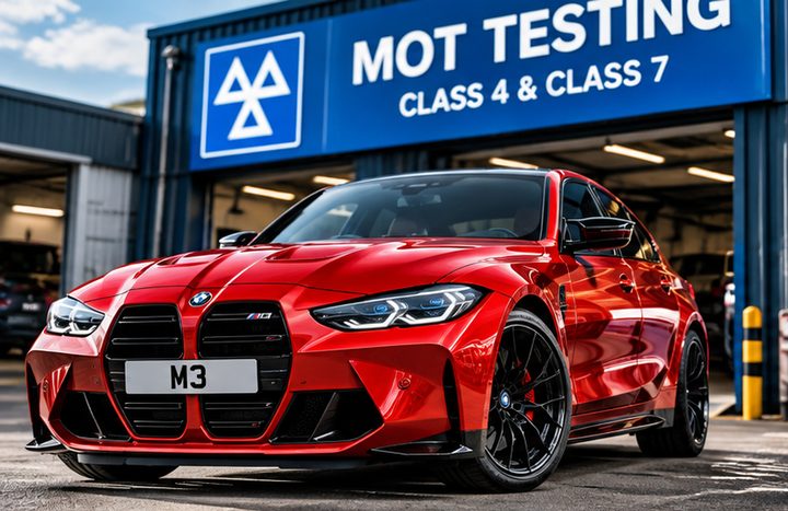 A car outside an MOT testing bay