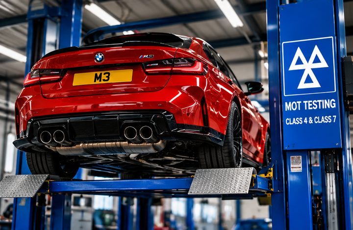 A car raised on a ramp in an MOT bay