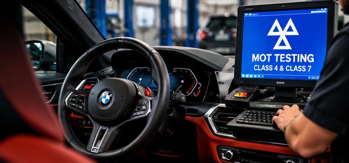 A technician at a computer in a car