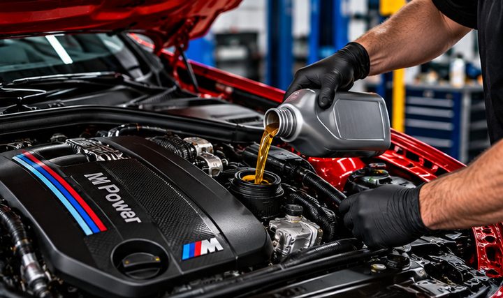 Fresh engine oil being poured into an engine