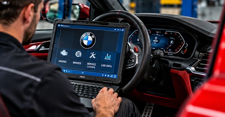 A technician using a diagnostic laptop in a car